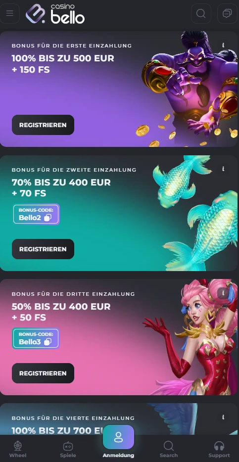 casinobello mobile bonuses page