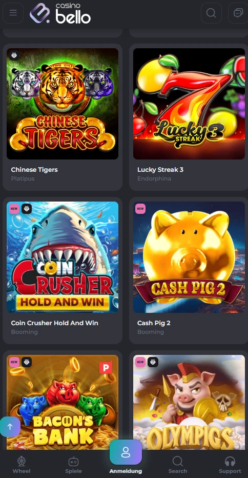 casinobello mobile games page
