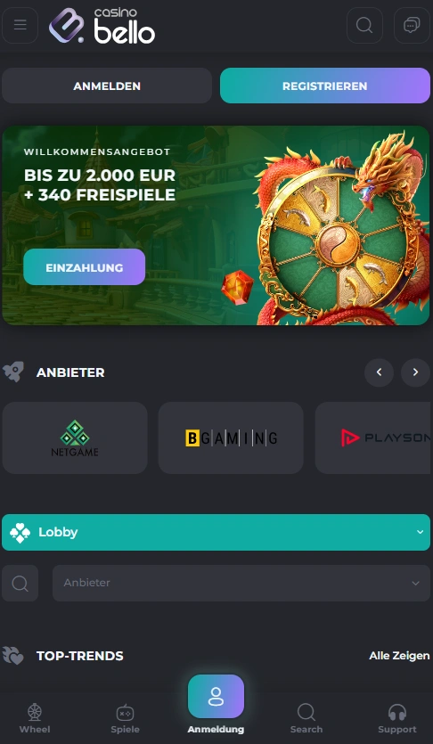 casinobello mobile home page